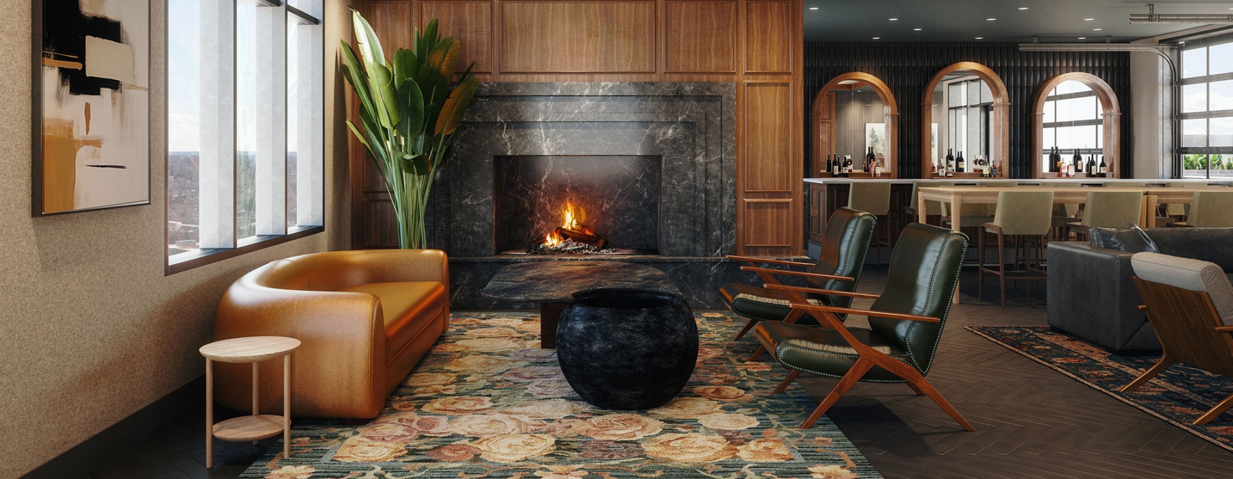 Lobby area with fireplace and seating