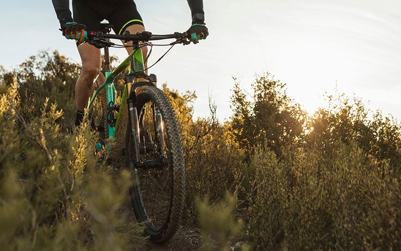 a person biking down a grassy hillside